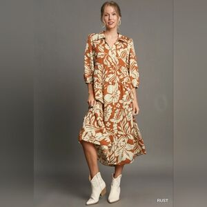 Umgee Rust and Cream Floral Midi Dress Sz S, M, L